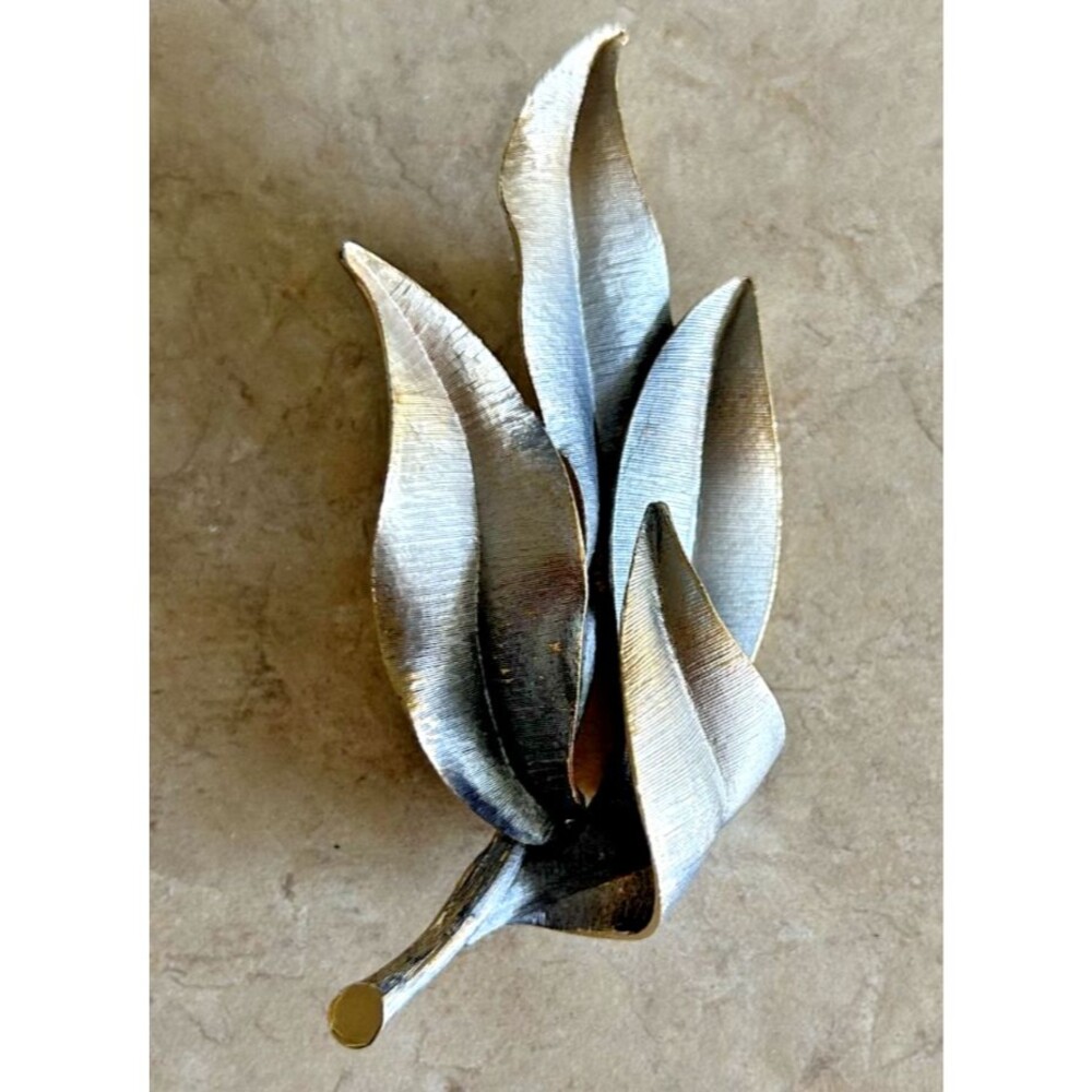 Vintage MCM 1950's Kramer of NY Blue Leaf Brooch w/ Brushed Silver Tone Base